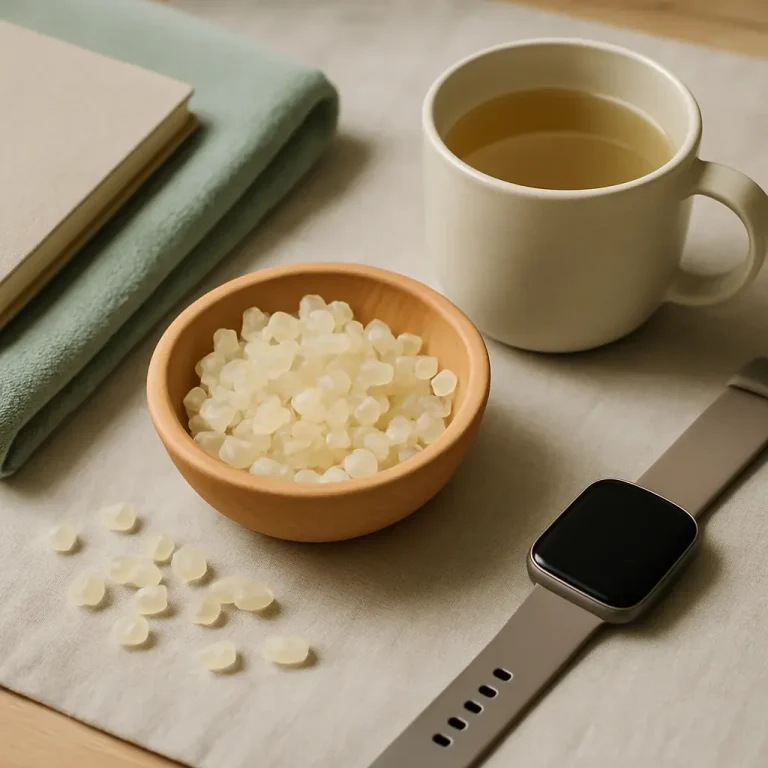 Wooden bowl of white vitamin supplements next to a cup of tea and a smartwatch on a table, symbolizing fitness and wellness.