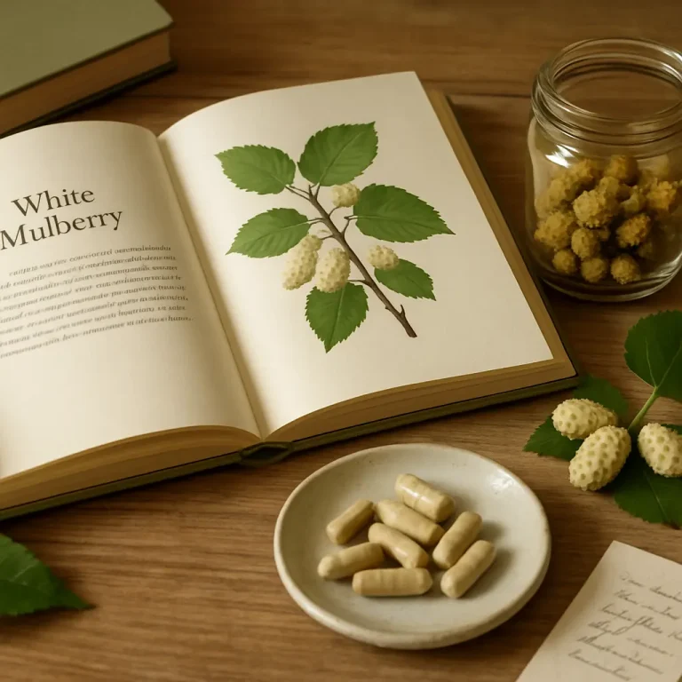 Illustration of white mulberry and supplements on a wooden table, highlighting vitamins and wellness benefits, alongside a jar of mulberries and a plate of capsules, promoting healthy eating and fitness.