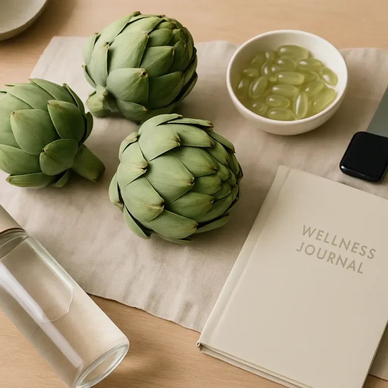 Image of artichokes, a wellness journal, a bowl of vitamin supplements, a water bottle, and a smartwatch on a table, emphasizing healthy eating, fitness, and well-being.