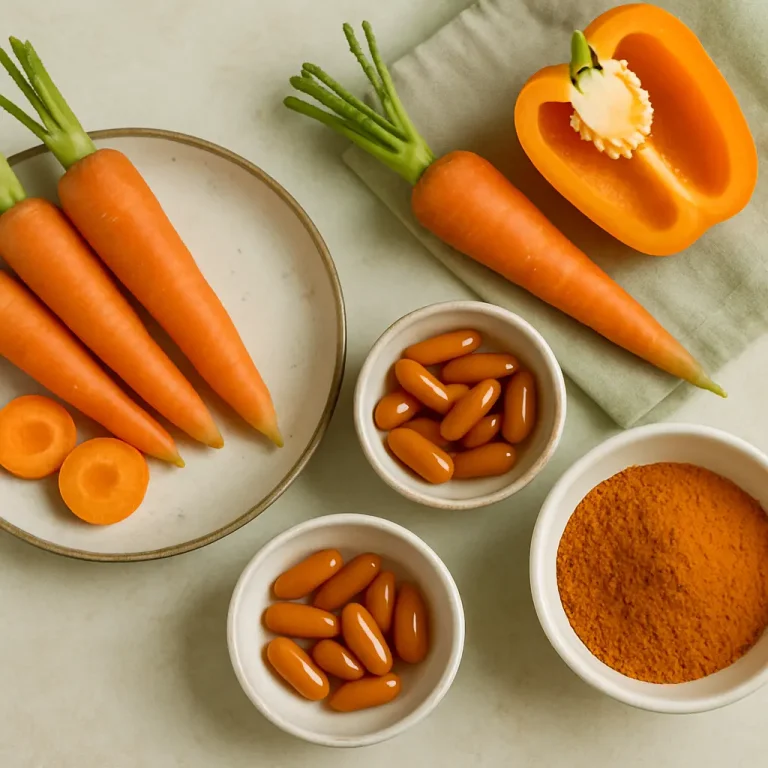 Fresh carrots and orange bell pepper displayed alongside bowls of vitamin supplements and carrot powder, emphasizing healthy eating and wellness.