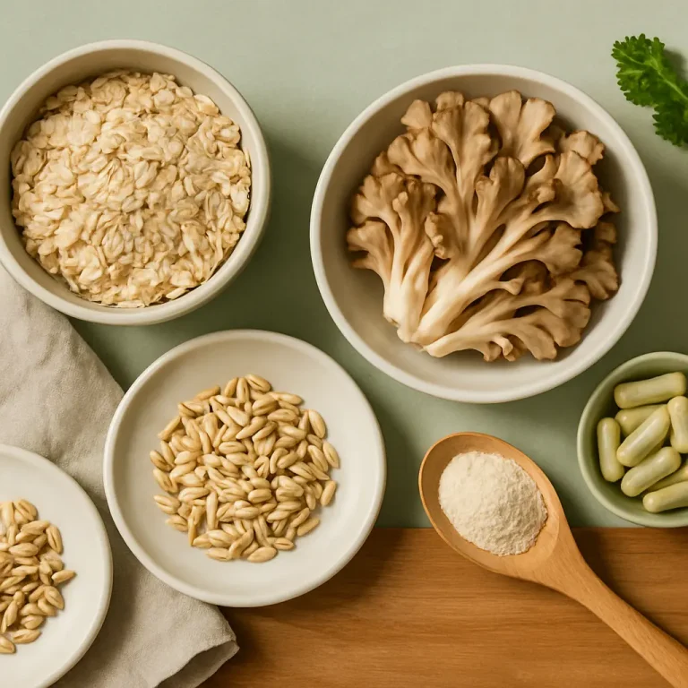 Bowls of healthy foods including oats, mushrooms, seeds, and green capsules, accompanied by a wooden spoon with powder, highlighting wellness and nutrition with vitamins and supplements.