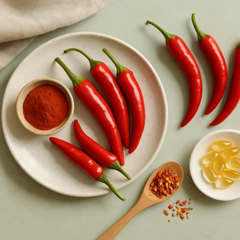 Fresh red chili peppers on a plate with ground chili powder, scattered red pepper flakes in a wooden spoon, and a dish of omega-3 supplements, symbolizing wellness and healthy eating with a focus on vitamins and fitness.