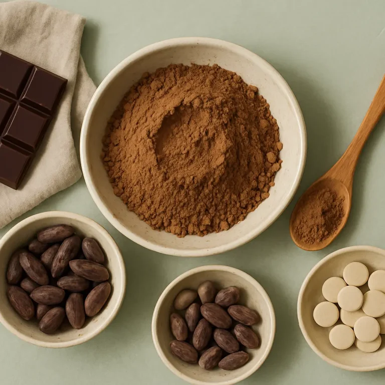 Assorted bowls with cocoa powder, chocolate, cacao beans, and white tablets, symbolizing supplements, wellness, and healthy eating.