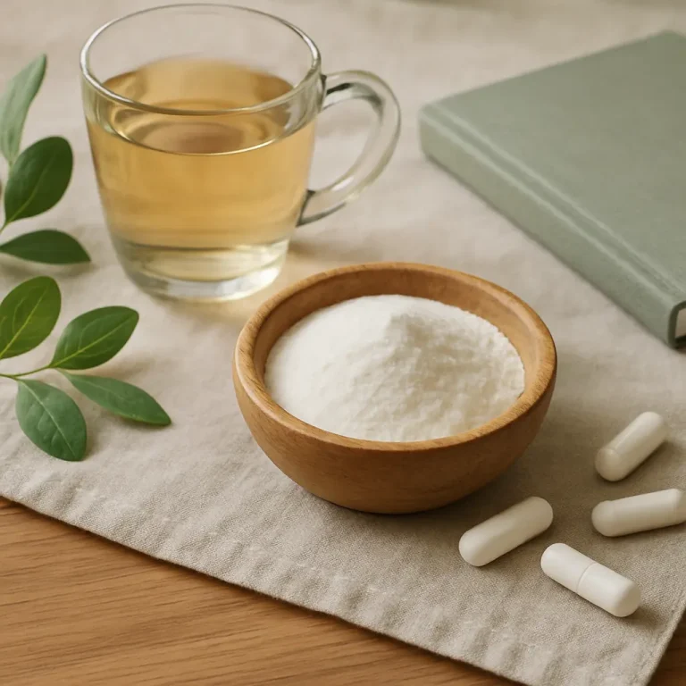A bowl of white powder, likely a dietary supplement for wellness or fitness, beside a cup of herbal tea, capsules, and green leaves, promoting healthy eating and vitamins.