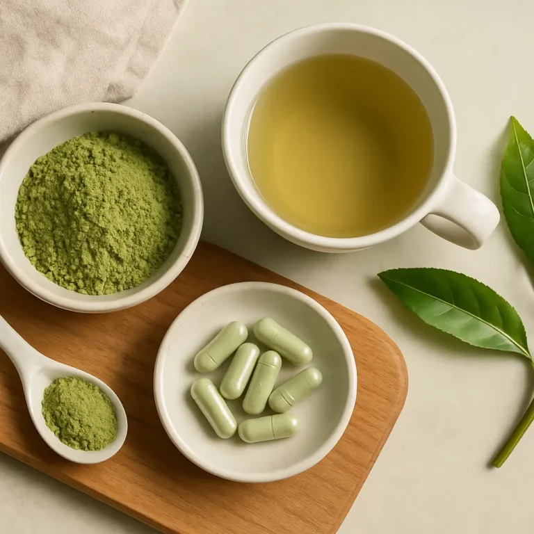 Green tea and matcha supplements displayed with a cup of brewed tea, matcha powder, and capsules highlight vitamins, wellness, and fitness support.