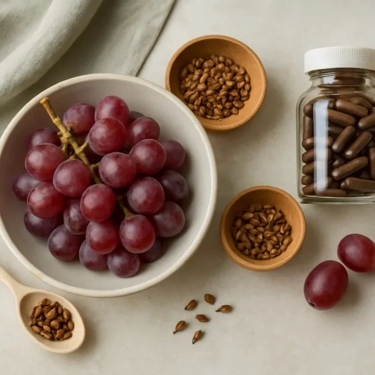 A bowl of red grapes next to grape seeds in wooden bowls and a jar of grape seed supplements, highlighting wellness and healthy eating.