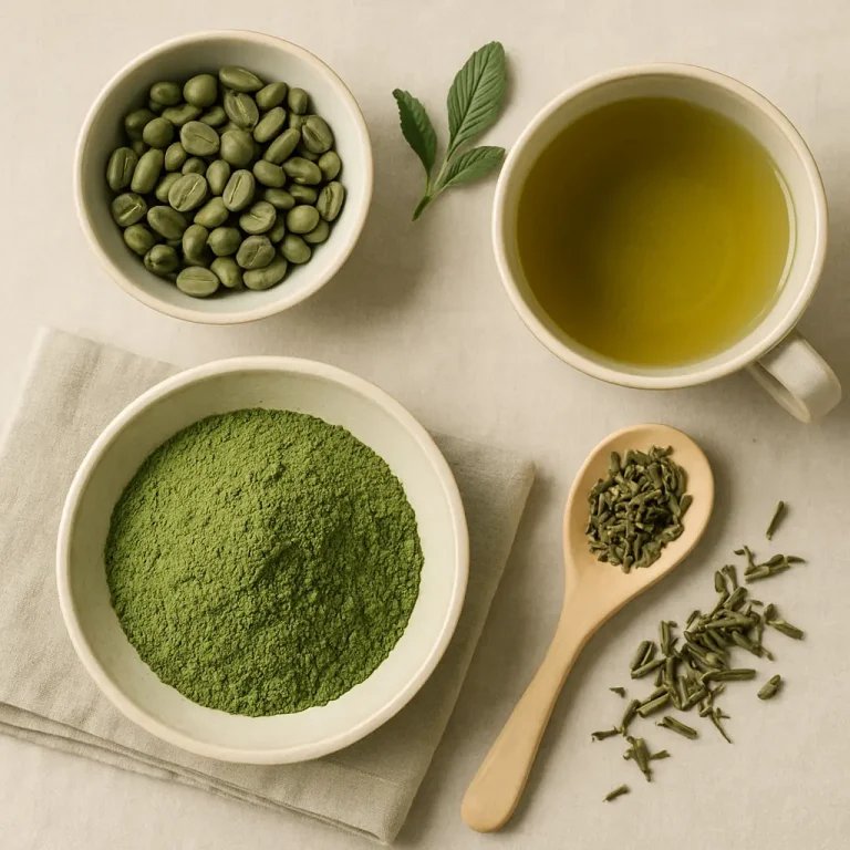 Green coffee beans, matcha powder, loose leaf tea, and a cup of green tea on a beige background emphasize natural health, fitness, supplements, and wellness benefits.