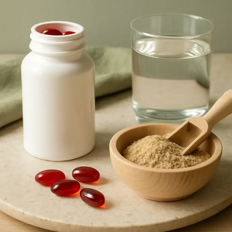 Assorted vitamin supplements and powdered nutritional supplement in a wooden bowl beside a glass of water, promoting wellness and healthy eating.