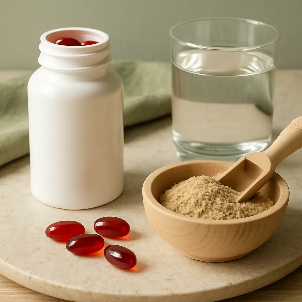 Assorted vitamin supplements and powdered nutritional supplement in a wooden bowl beside a glass of water, promoting wellness and healthy eating.