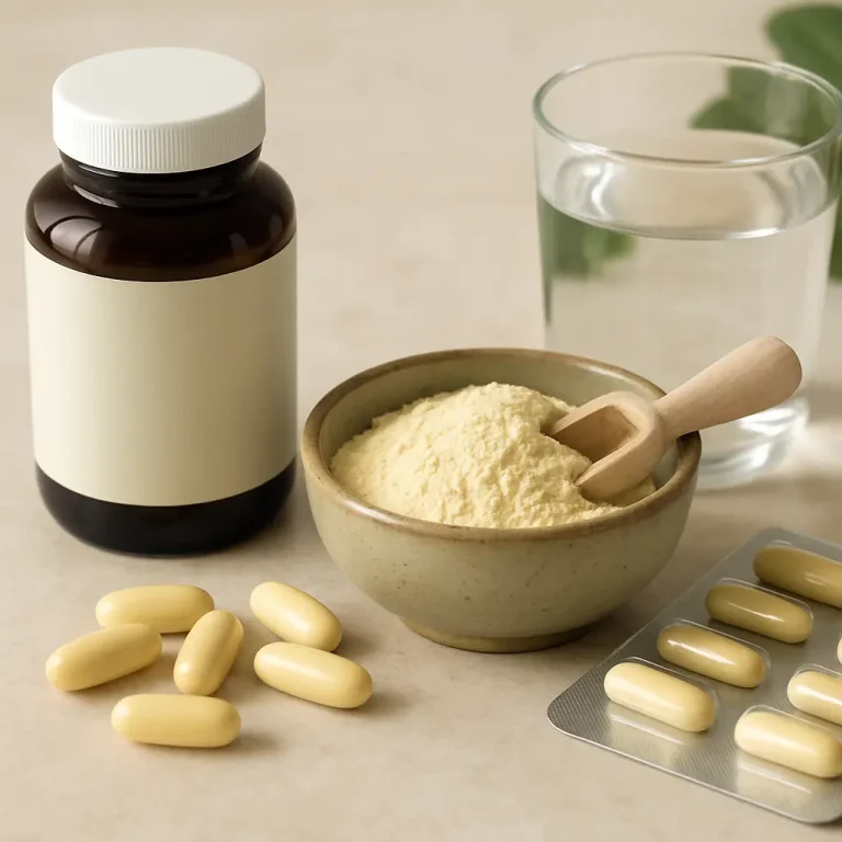 A brown bottle, a bowl of powder with a scoop, capsules, and a glass of water, representing vitamins and wellness supplements for healthy eating and fitness.