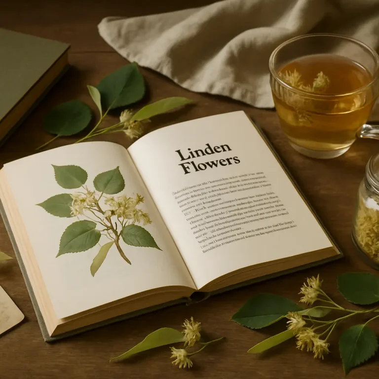 Open book displaying a botanical illustration of linden flowers, with a cup of herbal tea and linden leaves on a wooden table, emphasizing wellness, natural supplements, and healthy living.