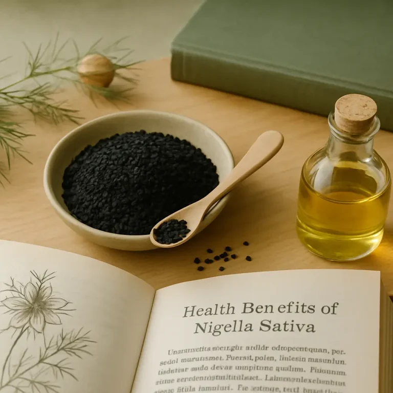 A bowl of black cumin seeds with a wooden spoon, a bottle of oil, and an open book titled 'Health Benefits of Nigella Sativa', highlighting natural supplements for wellness and healthy eating.