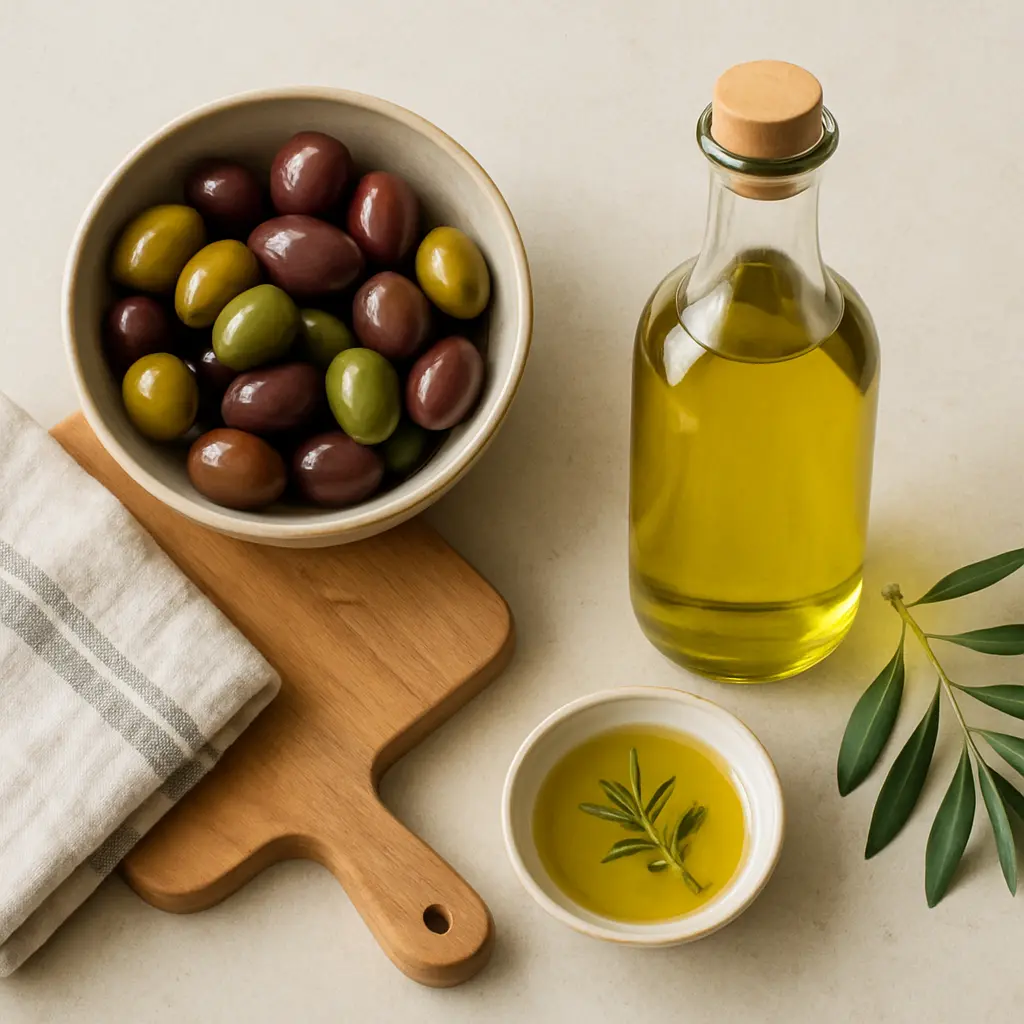 A bowl of olives, a bottle of olive oil, and a small dish of oil with rosemary sprig, symbolizing healthy eating, wellness, and natural vitamins.