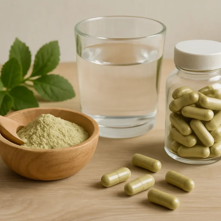 A wooden bowl with green powder next to a jar of capsules, a glass of water, and green leaves, symbolizing supplements, vitamins, wellness, and healthy eating.