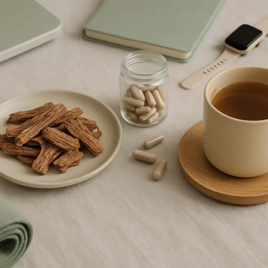A table display featuring a jar of dietary supplement capsules, a plate of dried herbal roots, a cup of tea, a smartwatch, and a notebook, symbolizing a holistic approach to fitness and wellness through vitamins and healthy eating.