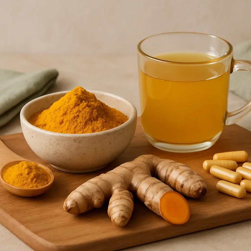 Turmeric root, turmeric powder in a bowl and spoon, turmeric capsules, and a glass of turmeric tea on a wooden board, representing healthy eating, supplements, and wellness benefits for fitness and vitality.
