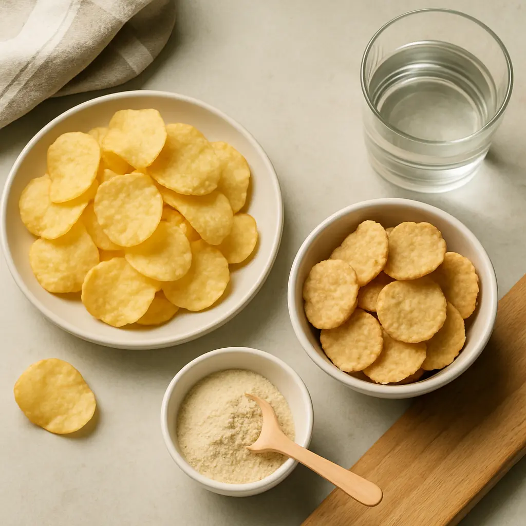 Healthy snacks including potato chips, a bowl of powder supplement, and a glass of water, emphasizing wellness, fitness, vitamins, and healthy eating.