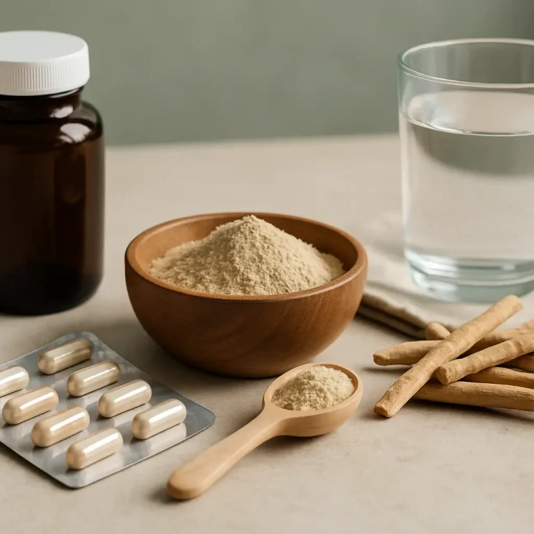 Natural health products including a brown bottle, a bowl of powder, a blister pack of capsules, a spoon of powder, and a glass of water, symbolizing vitamins, supplements, wellness, and healthy eating.