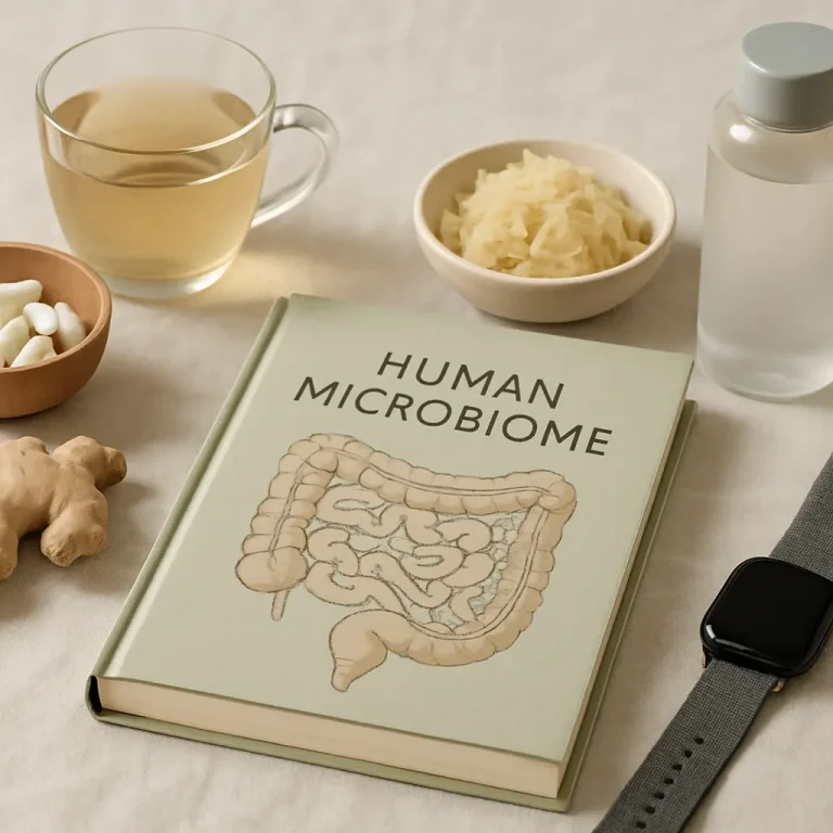 A book titled 'Human Microbiome' surrounded by a ginger root, supplements, a cup of herbal tea, sauerkraut, and a fitness tracker, emphasizing vitamins, wellness, and healthy eating.