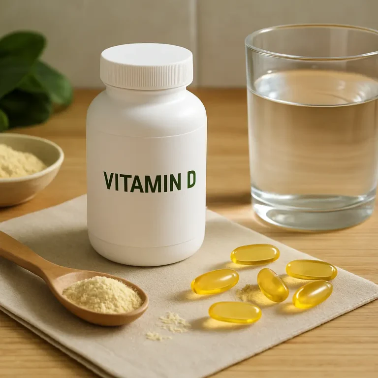 Vitamin D supplement bottle next to a glass of water, yellow capsules, and a wooden spoon with powder on a cloth, representing wellness and healthy eating.