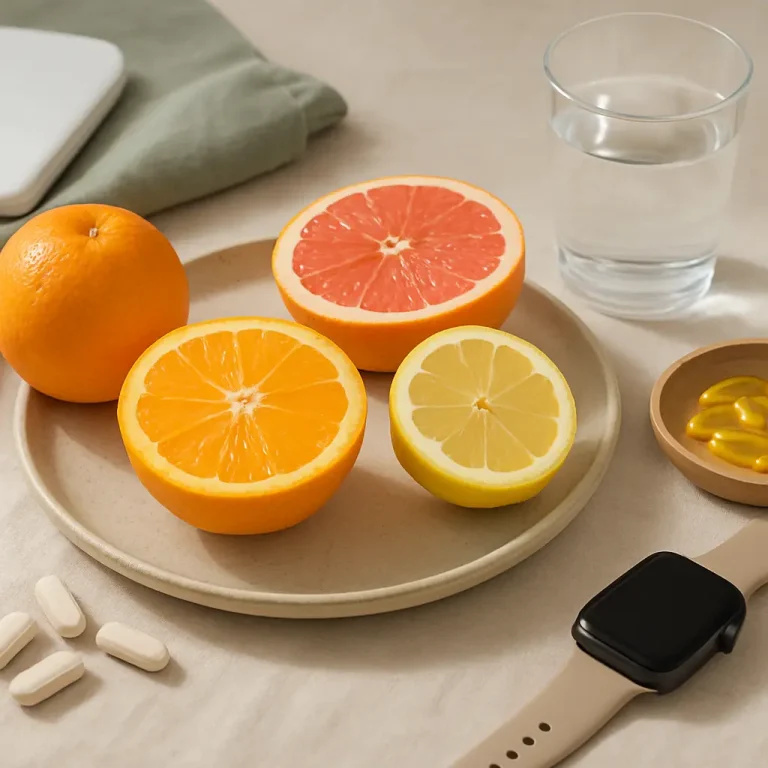 Plate with sliced citrus fruits, vitamin capsules, a glass of water, and a smartwatch, highlighting healthy eating, fitness, and wellness.