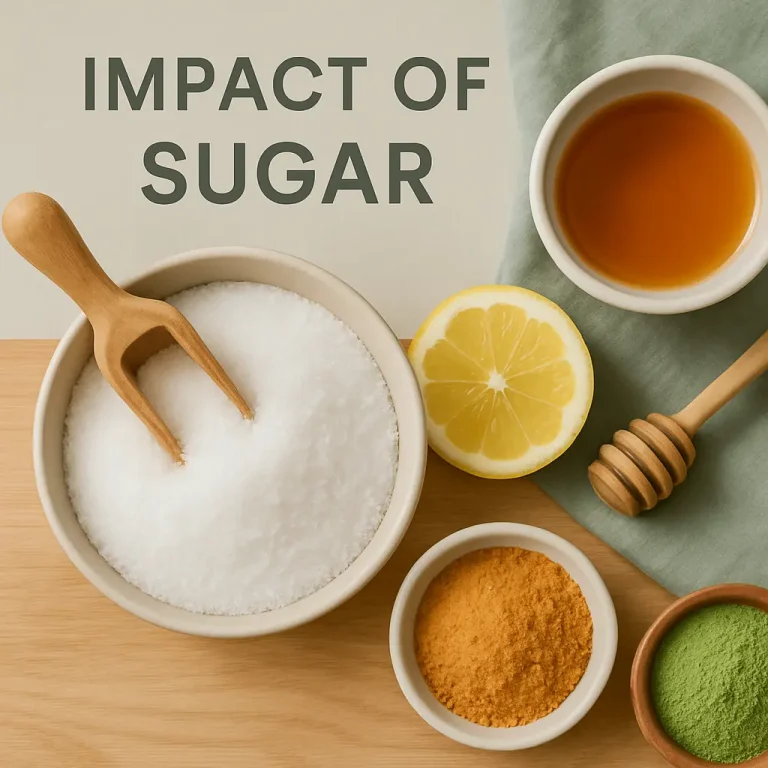 Bowl of sugar with a wooden scoop, lemon slice, honey, and small bowls of turmeric and matcha on a wooden surface, illustrating the impact of sugar on health and wellness.