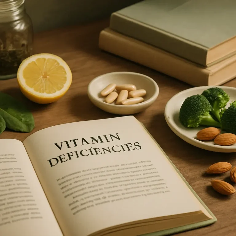 Open book on vitamin deficiencies with a lemon, supplements, spinach, broccoli, and almonds, highlighting nutrition, wellness, and healthy eating.
