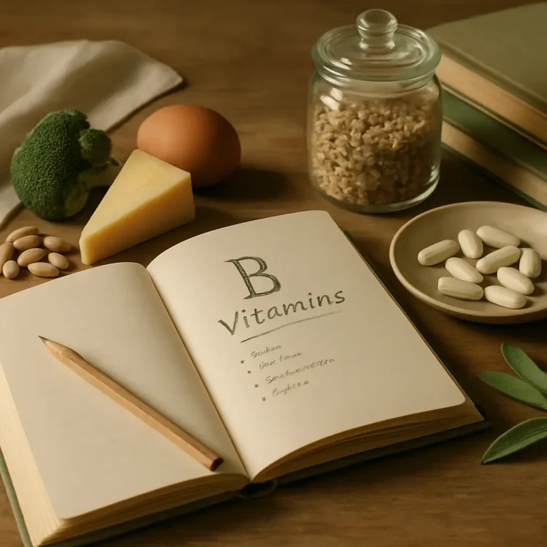 Open book labeled 'B Vitamins' surrounded by cheese, egg, broccoli, supplements, and a jar of grains, symbolizing nutrition and healthy eating.