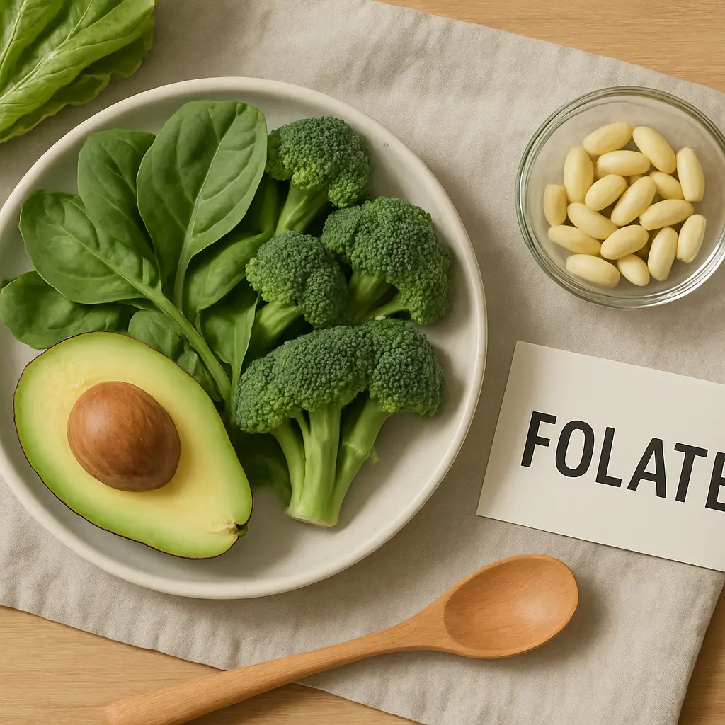 Plate with spinach leaves, broccoli, and an avocado half next to a cup of supplements and a card labeled 'Folate,' emphasizing vitamins, healthy eating, and wellness.