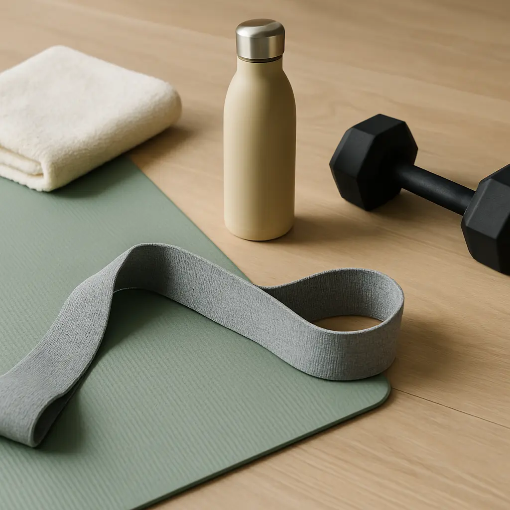 Fitness mat, dumbbell, water bottle, towel, and resistance band for wellness and exercise.