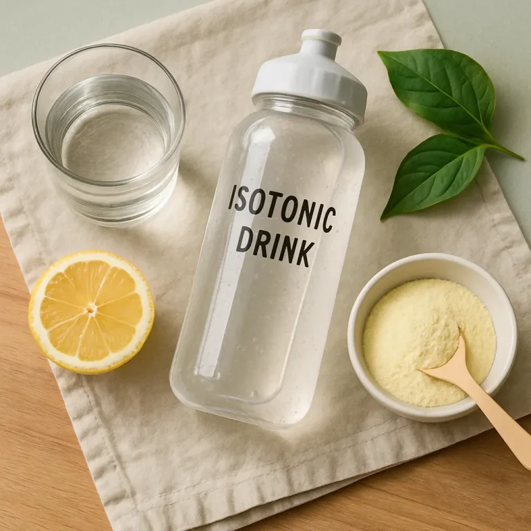 Isotonic drink bottle next to a glass of water, lemon half, powder supplement in a bowl, and green leaves, promoting hydration, fitness, and wellness.