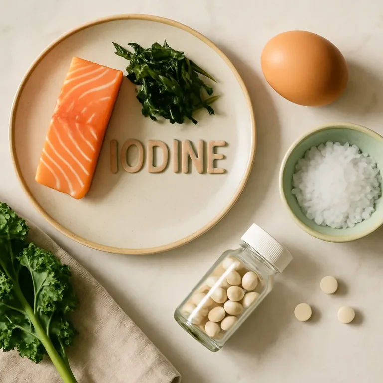 Healthy eating with iodine-rich foods like salmon, seaweed, eggs, salt, and supplements, emphasizing wellness and nutrition.