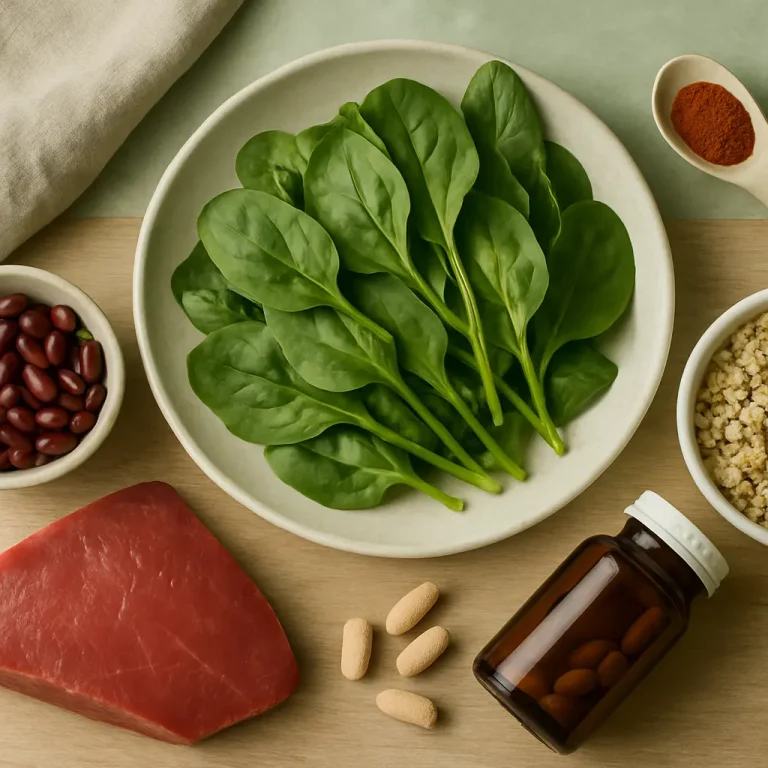 A plate of fresh spinach leaves, a bottle of vitamin supplements, a raw beef steak, red kidney beans, quinoa, and a spoon of paprika on a wooden surface, representing healthy eating and wellness.
