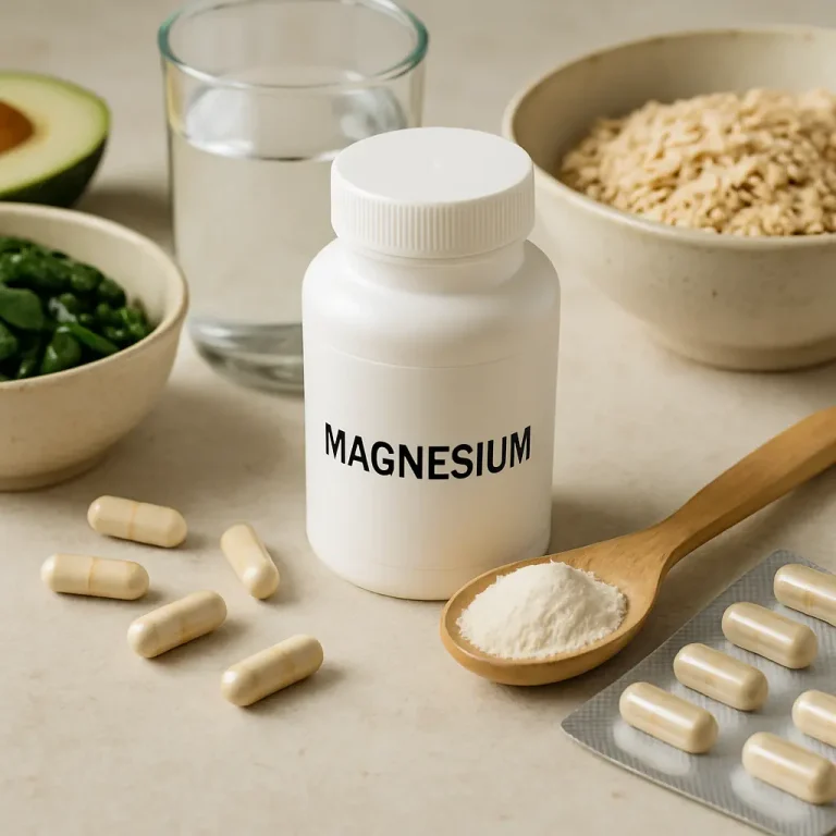 Magnesium supplement bottle surrounded by capsules, a spoon of powder, spinach, an avocado, brown rice, and a glass of water, highlighting wellness and healthy eating.
