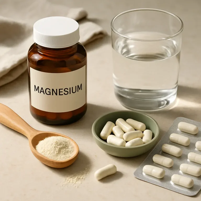 Magnesium supplement bottle with capsules, powder in a wooden spoon, and a glass of water; keywords: vitamins, supplements, wellness, healthy eating.