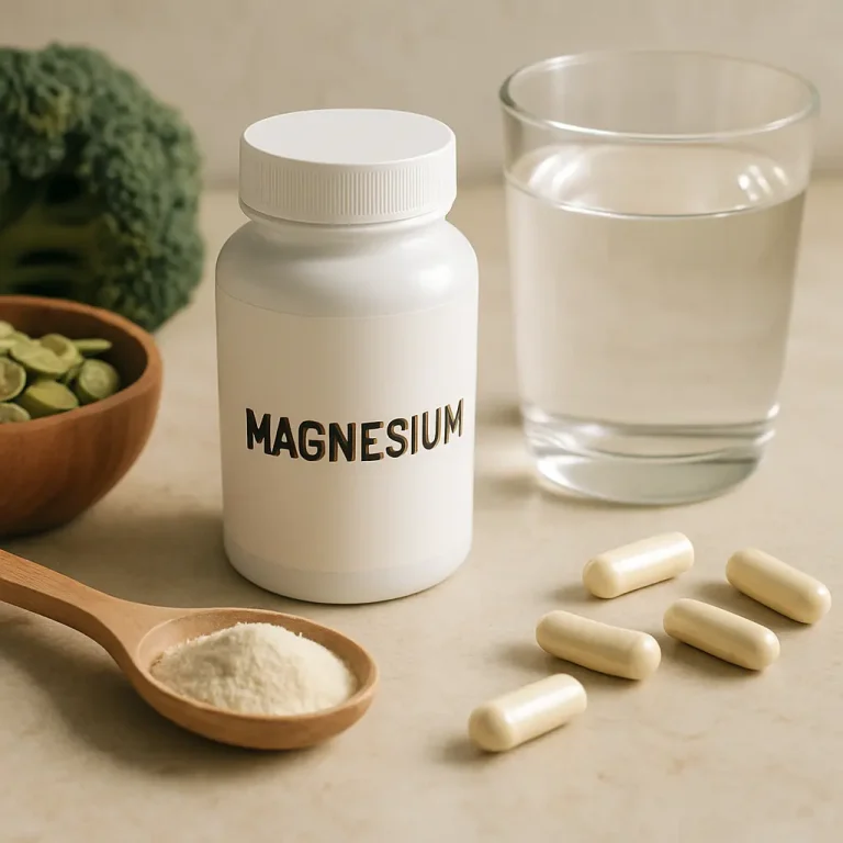 Magnesium supplement bottle with capsules, a spoon of powder, broccoli, and a glass of water for health, wellness, and fitness.
