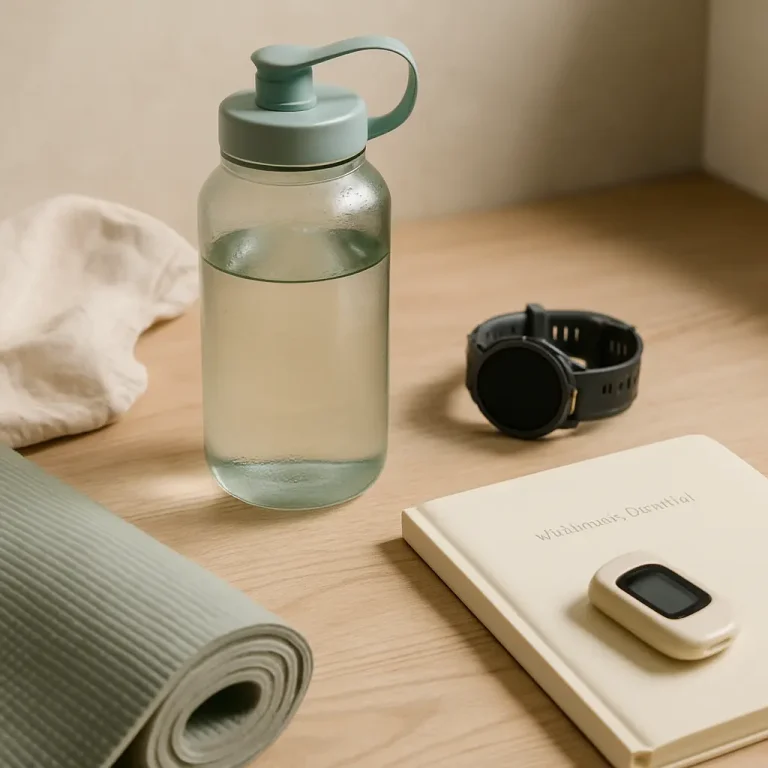 A fitness setup on a wooden table featuring a water bottle, yoga mat, fitness tracker, and journal, highlighting wellness and healthy lifestyle elements.