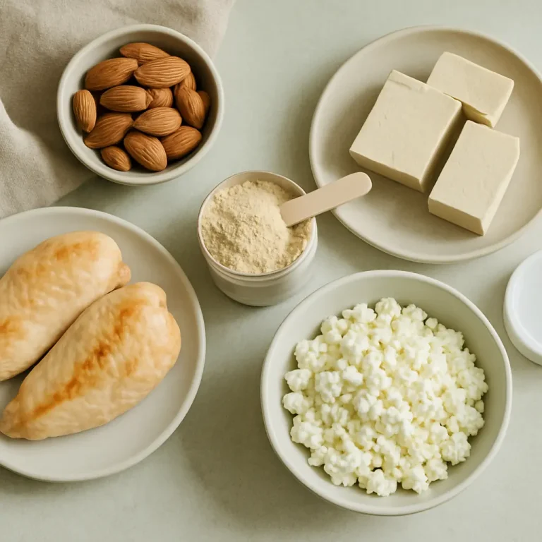 A healthy eating arrangement featuring protein-rich foods: chicken breast, almonds, cottage cheese, tofu, and protein powder in bowls, promoting wellness and fitness nutrition.