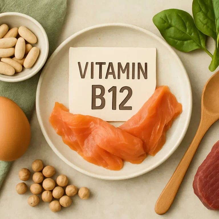 Plate with vitamin B12 rich foods including salmon slices, eggs, chickpeas, and spinach, emphasizing healthy eating and wellness.