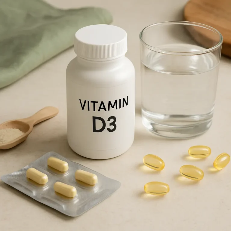 A bottle labeled 'Vitamin D3', capsules in a blister pack, omega-3 softgels, and a glass of water on a countertop, illustrating daily supplements for fitness and wellness.
