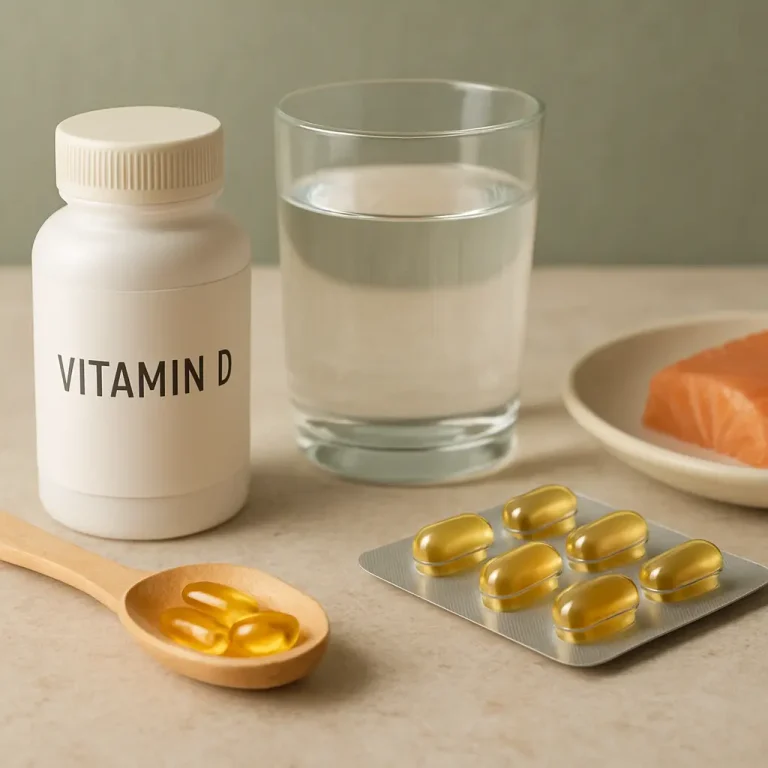 Vitamin D supplements alongside a glass of water and a portion of salmon on a table, highlighting healthy eating and wellness.