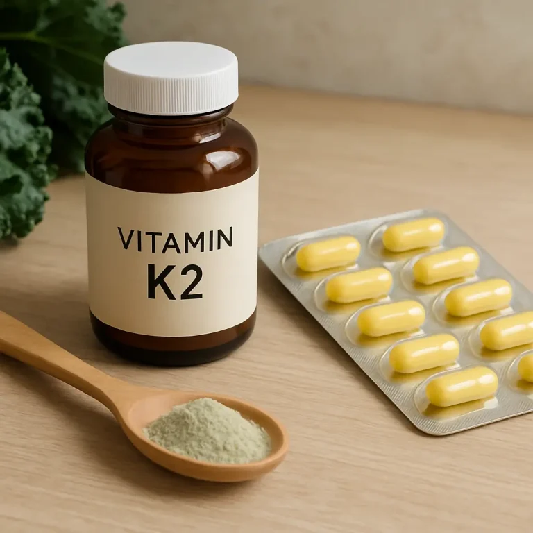 Vitamin K2 supplement bottle alongside yellow capsules and green powder, promoting wellness, fitness, and healthy eating.
