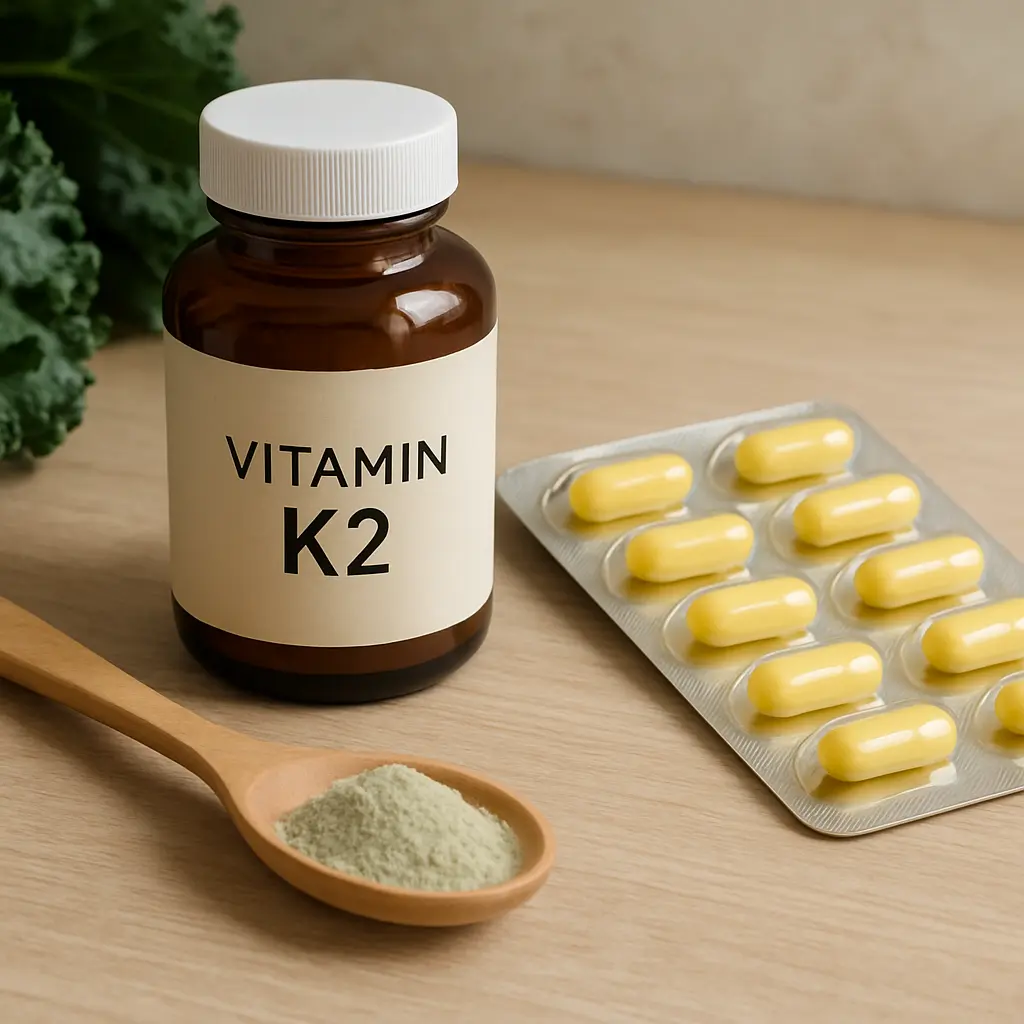 Vitamin K2 supplement bottle alongside yellow capsules and green powder, promoting wellness, fitness, and healthy eating.
