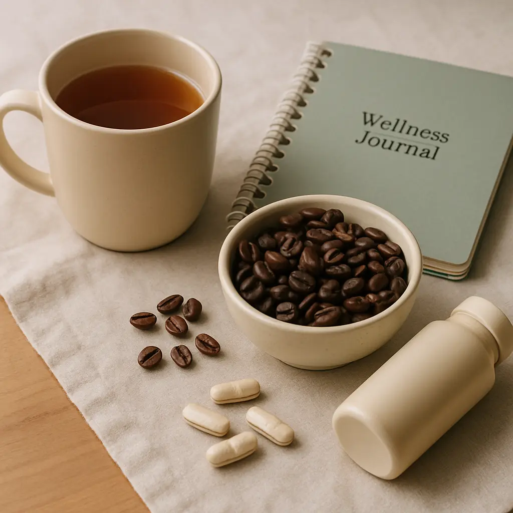 A cup of tea, a wellness journal, coffee beans, and vitamin supplements, representing fitness, wellness, and healthy eating.