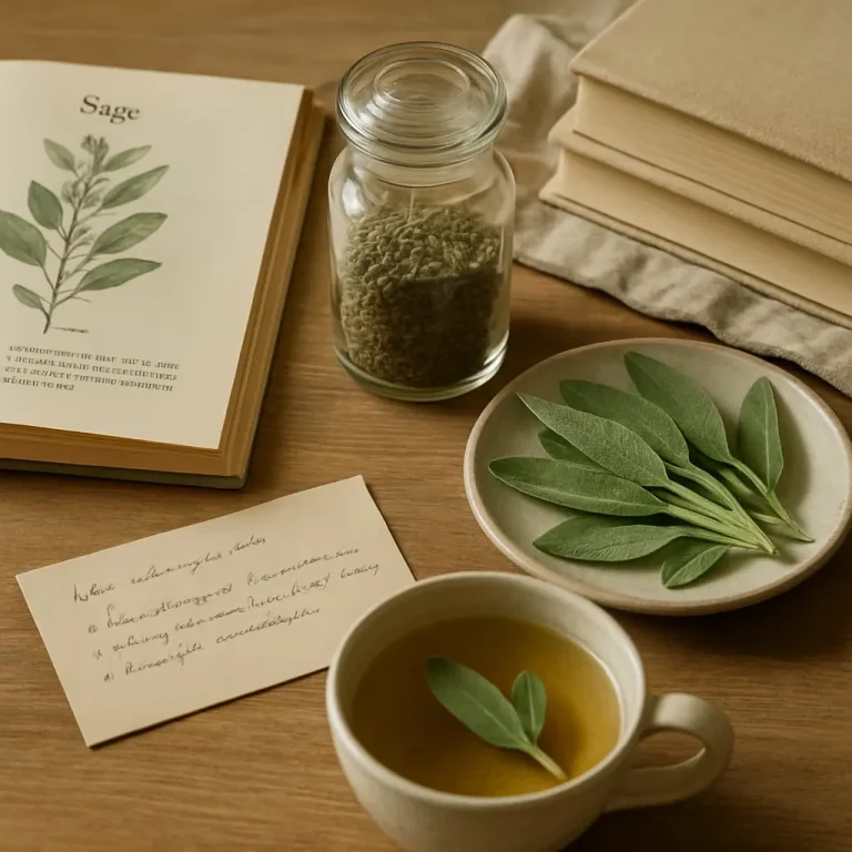 Cup of sage tea with fresh sage leaves, jar of dried herbs, and an open book on herbal medicine, highlighting wellness and healthy living.