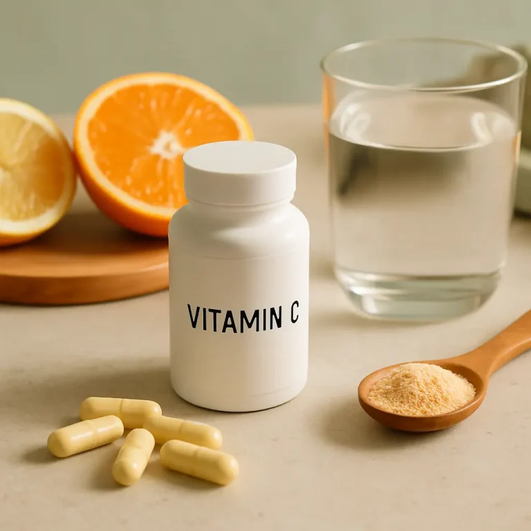 Vitamin C bottle with capsules, orange slices, and a spoon of powder, emphasizing supplements and healthy eating.