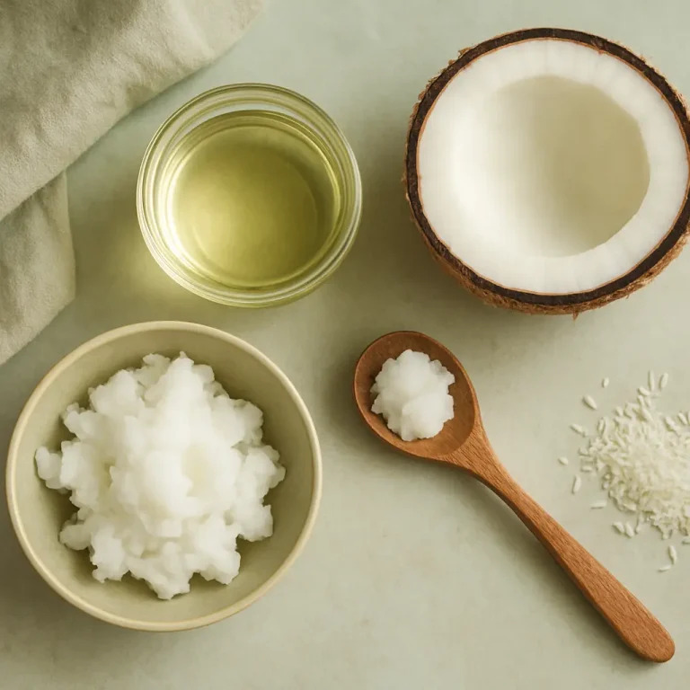 Coconut products including oil in a jar, shredded coconut in a bowl, a wooden spoon with coconut paste, and a halved coconut, promoting healthy eating, wellness, and natural supplements for fitness.