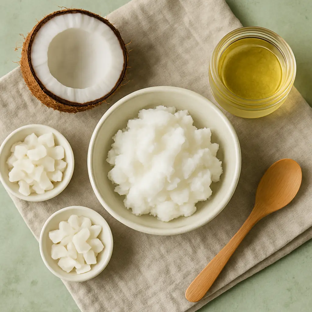 Assorted coconut products including a halved coconut, coconut oil in a jar, and coconut pulp in bowls on a neutral cloth, emphasizing healthy eating, wellness, and natural supplements.