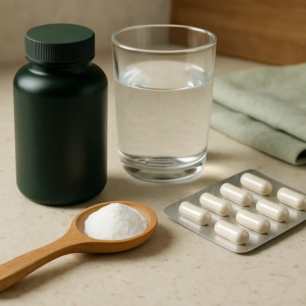A black bottle, a glass of water, a blister pack of white capsules, and a wooden spoon filled with white powder, symbolizing vitamins, supplements, fitness, and wellness in healthy eating.
