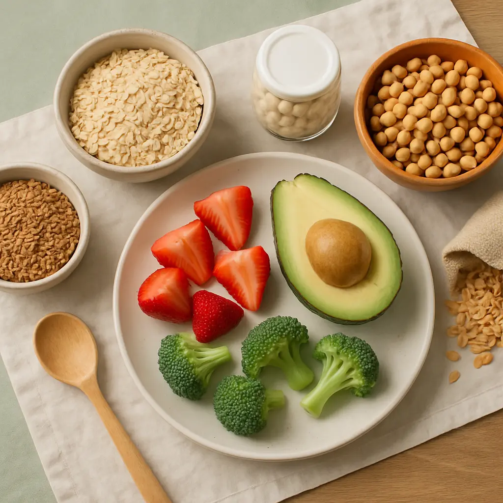 Healthy foods including avocado, strawberries, broccoli, oats, chickpeas, and a small jar of supplements, promoting vitamins, wellness, and fitness.